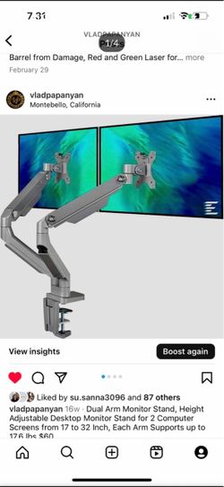 Dual Arm Monitor Stand, Height Adjustable Desktop Monitor Stand for 2 Computer Screens from 17 to 32 Inch, Each Arm Supports up to 17.6 Ibs