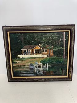Original Oil Painting Lake Cabin Scene Framed