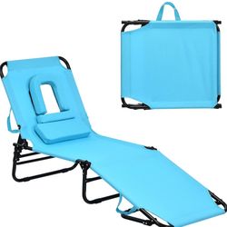 Beach Lounge Chair, Sunbathing Chair Patio Lounge Chair Folding Adjustable Recliner with Hole for Face