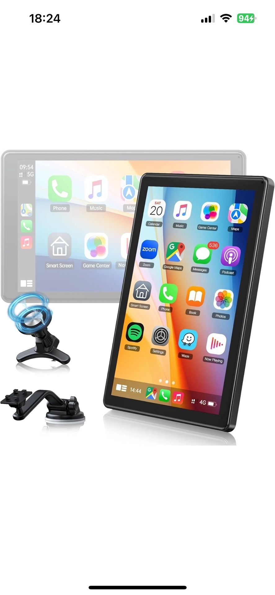 Volam 7'' HD Wireless CarPlay Screen with Magnetic Mount–Portable Car Stereo-GPS