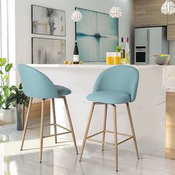 Set of 2 Modern Swivel Upholstered Counter Height Bar Stools with Curved Back Light Blue BRAND NEW!