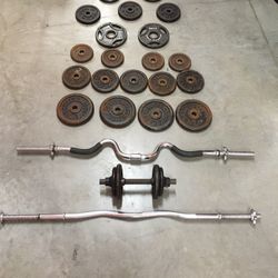 130 LBs Welder Barbell weights PLUS 3- Barbells. There are also a few York Weights 