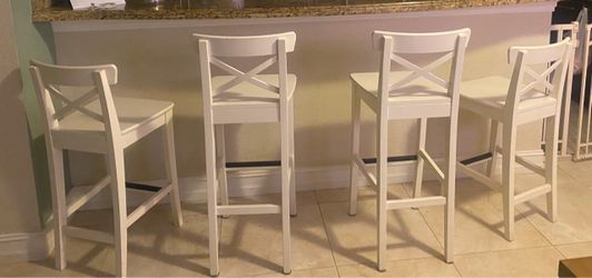 Set of White Wood Bar Stools