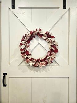Handmade Farmhouse Rag Wreath – 18" Red Toile & Cream Winter / Holiday Decor
