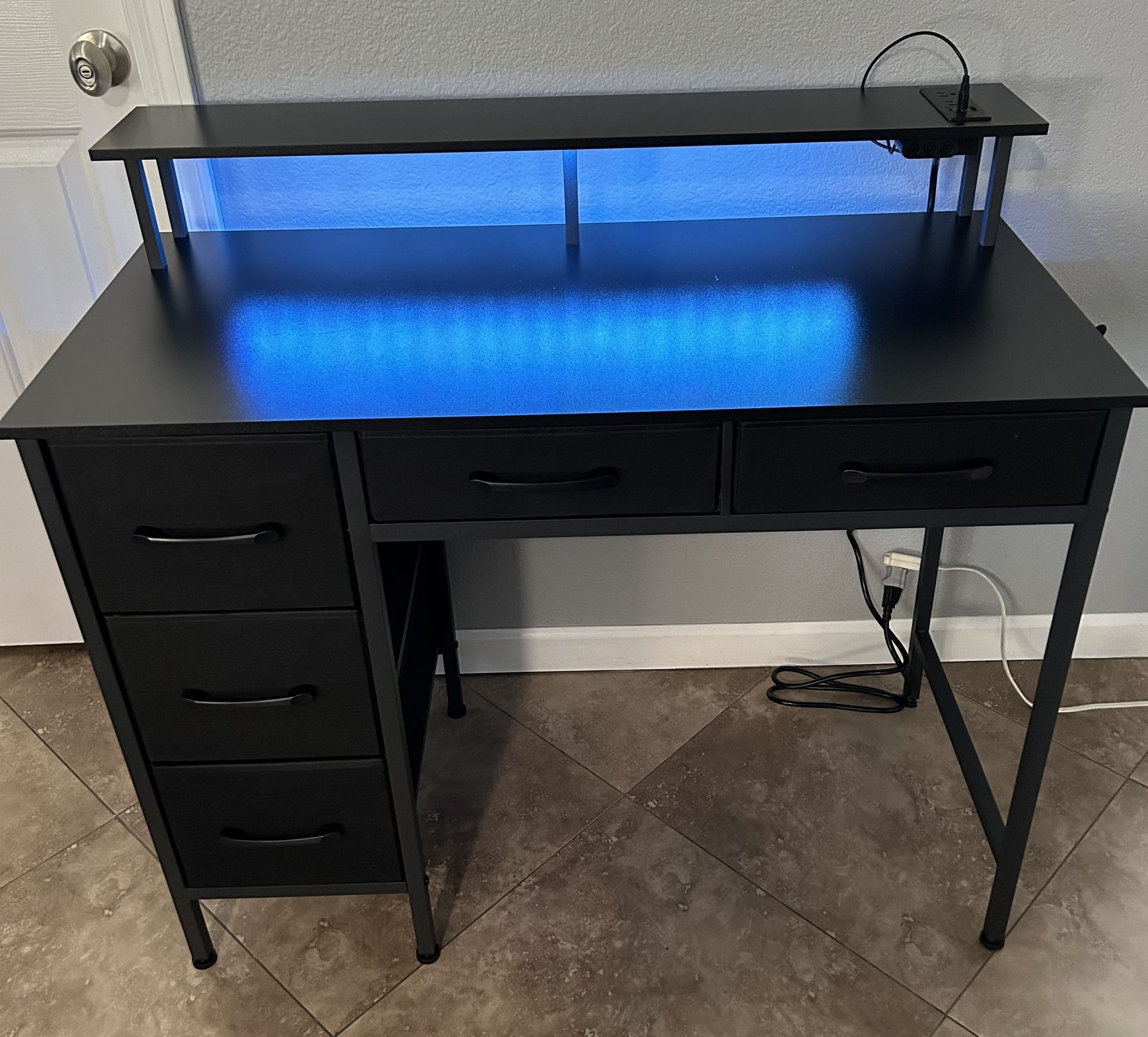 (New) 39” Wide Computer Desk W/ Monitor Stand, Drawers And LED Lights
