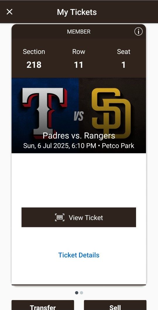 Padres vs Rangers Tickets Sunday 7/6 @ 6:10pm (STAR WARS THEME)