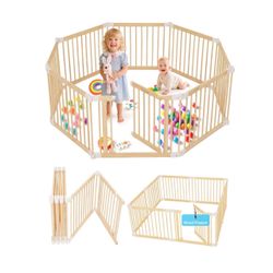 25" Tall Wood Playard Dual-Lock Door for Toddlers, 2-in-1 New Mom Helper Infants Fence, Adjustable Size Shape Large Play Yard