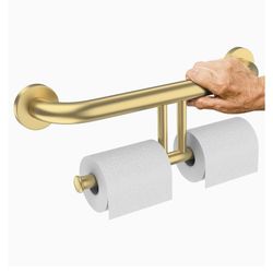 Brushed Gold Grab Bar w/Double Toilet Paper Holder
