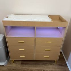 Baby Changing Table Dresser with Power Outlet & LED Light, 6-Drawer Nursery Organizer with Metal Fee