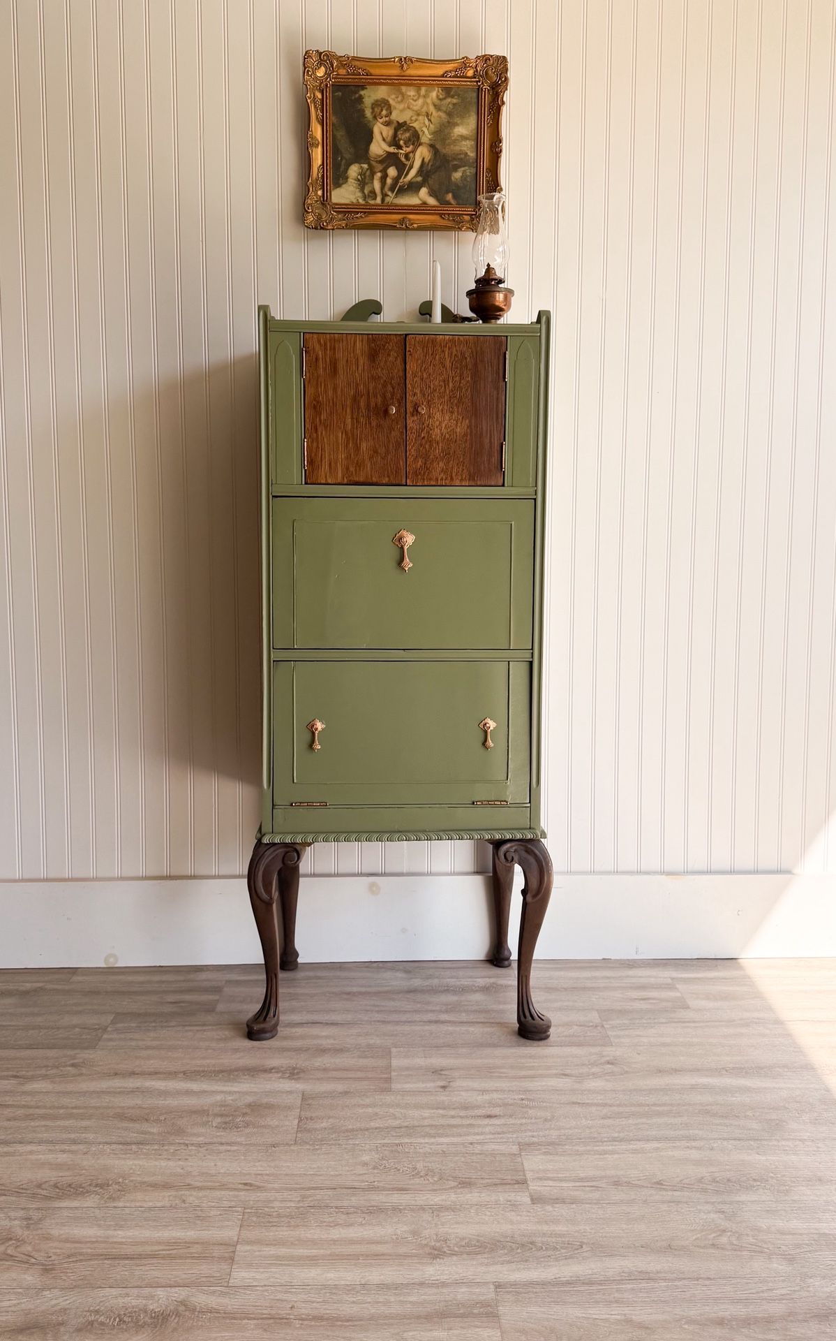 Fully Refinished Antique Olive Green Cabinet! 🌿