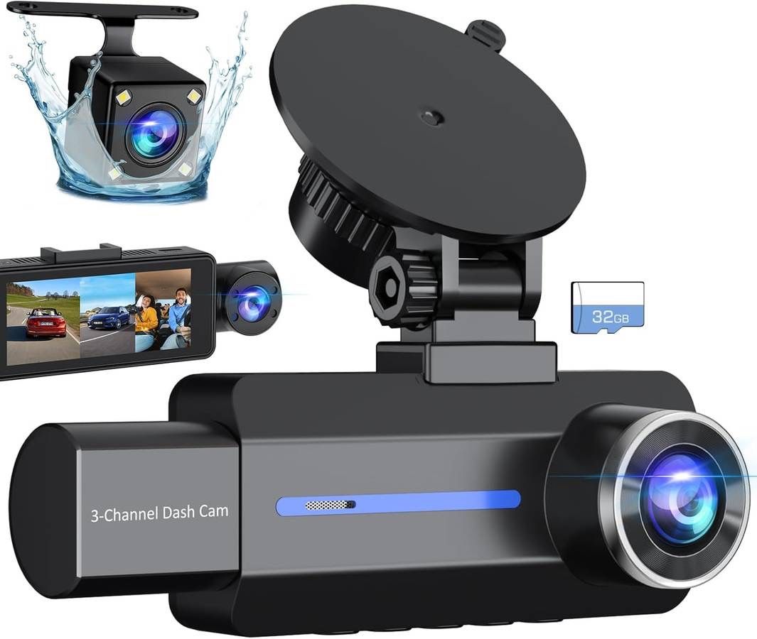 new Dash Cam Front and Rear, 2.5K+1440P Triple Car Camera with 32GB Card, 3 Channel Dash Camera for Cars, G-Sensor, 3.16” IPS Screen, 24Hr Parking, 17