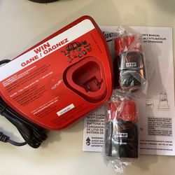 2 Milwaukee M12 12V Lithium-lon 2.0 Ah Batteries With M12 Charger.  Brand NEW.  NUEVO.