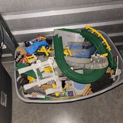 Lg Tote of Vintage Fisher Price Vehicles and Track 