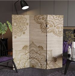 4 ft. Short Double Sided Mandala on Oak Canvas Folding Screen 3 Panel Freestanding Partition and Sep