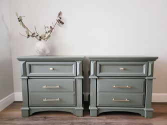 Vintage Pair 30W Oversized Moody Green Wood Nightstands
