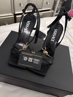 Versace Black Strappy Heels with Medusa Charm