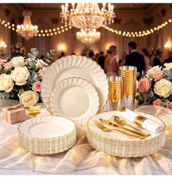 NEW IN BOX 350pc Ivory plastic serve wear set (wedding, party)