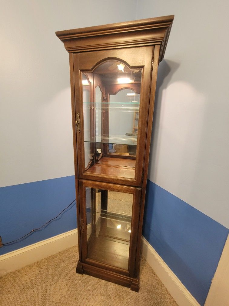 6' Tall Modern Display Curio Cabinet Pillar Cherry Wood and Glass with Light