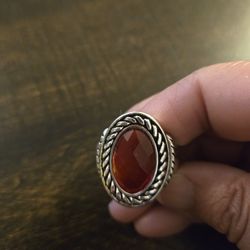 Silvertone Stretchy Ring With Red Stone
