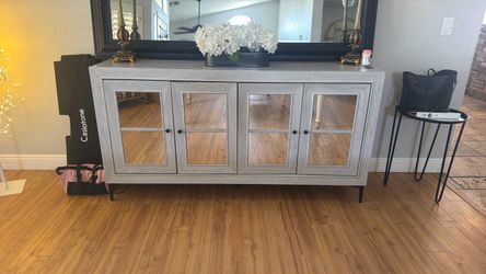 Gray Wood Sideboard with Mirrored Doors