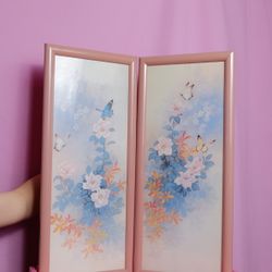 Vintage 80s Pink  Frame Butterfly Floral Lithograph Prints