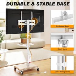 Rolling TV Stand with Power Outlet for 32-65 inch TVs
Swivel Height Adjustable TV Cart with Power Outlet & Shelf, Holds 88lbs, White for Bedroom