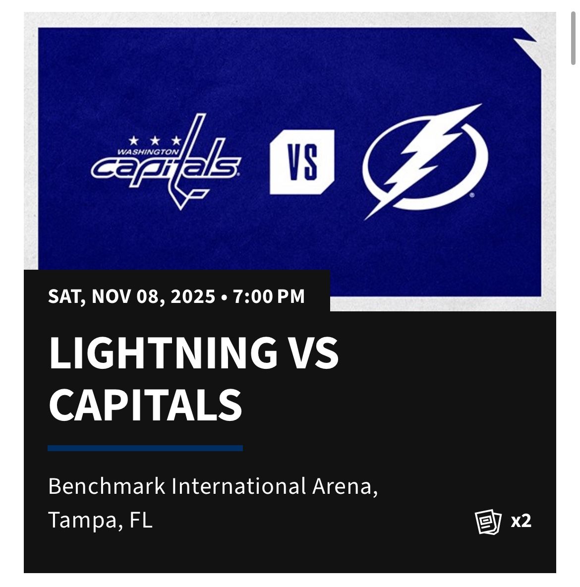 LIGHTNING VS CAPITALS TICKETS 11/08