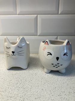 Two Cute Cat Flower Plant Pot White