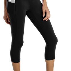 Soft Women's Yoga Leggings Capris with Pockets High Waist Peach Skin Workout Pants Gym Tights (Small)