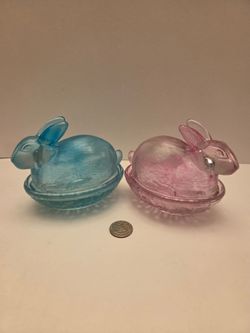 Glass Bunny Rabbit Covered Candy Dishes Set of 2