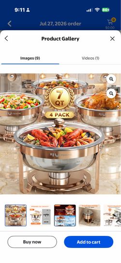 FEMCHIC Rose Gold Chafing Dish Buffet Set 4 Pack, 7QT Stainless Steel Round Buffet Server Food Warmer w/ Glass Lid & Lid Holder for Parties Catering E