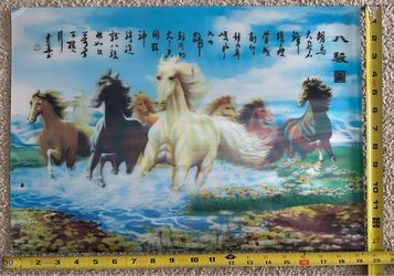 Chinese Feng Shui Eight Horses Galloping Art Poster Print Calligraphy 19.5x13.5