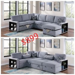 Boucle Fabric Convertible Sectional Sleeper Sofa W/Fold-Down Table, Chaise Storage, Wireless Charging & Built-in Shelf