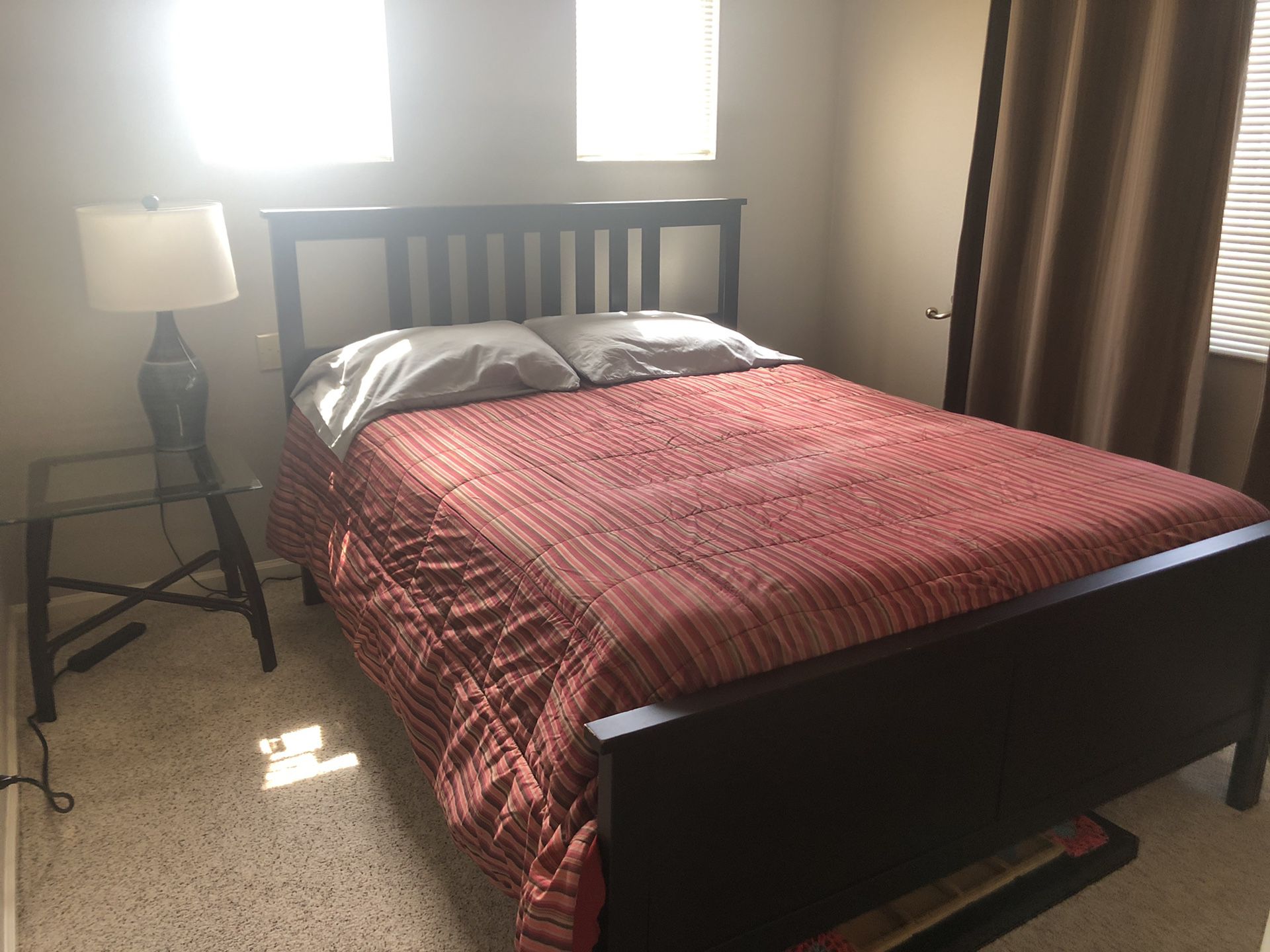 Queen bed frame, mattress and box spring
