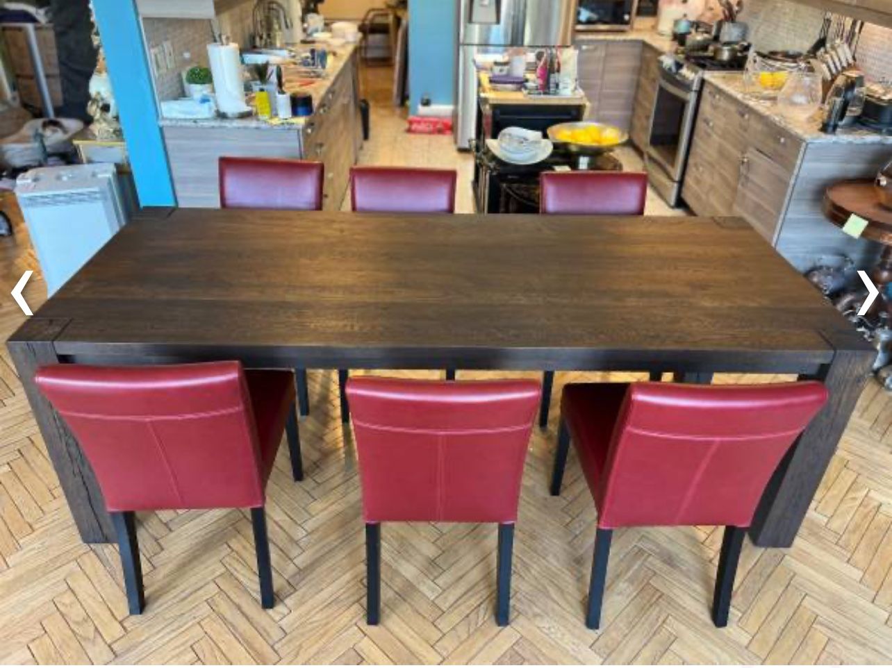 CRATE & BARREL Ylifanti Dining Table, 1 Bench, 6 Leather Dining Chairs