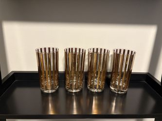 Mid Century Set Of Gold Striped Drinking  Glasses