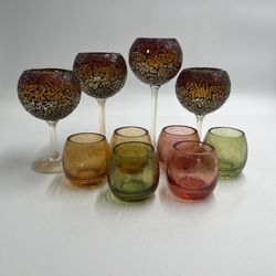 PartyLite Crackle Glass Candle Holder Lot Mosaic Stem & Votive Cups Decor 