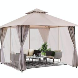 10 ft. x 13 ft. Outdoor Patio Gazebo with Double Roof, Nettings and Privacy Screens New