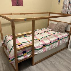 KURA Reversible bed, white/pine, Twin mattress Included