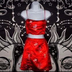 Japanese Red Floral Low-Strap Cropped Top w/ Above Knee Mini Skirt Outfit Size M