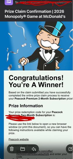 Monopoly Mcdonalds Peacock 2 months (3 codes available)