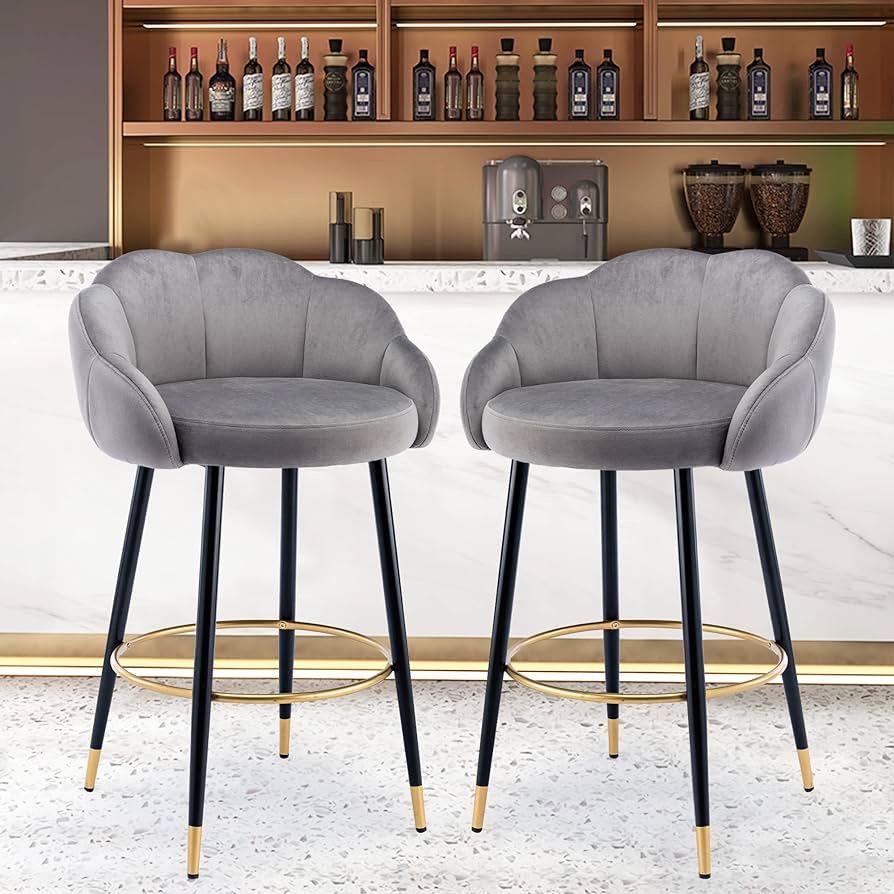 Set of 2 Height Bar Stools Set Velvet Bar Stools with Backs and Footrest - Modern Barstools for Kitchen Upholstered Island Stool (Grey6)