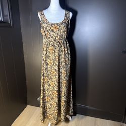 Vintage 90s Brown Floral Maxi Dress M Boho Cottagecore Tie Waist