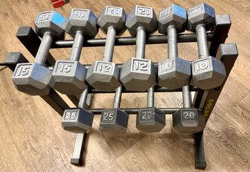Set of Cast Iron Hex Dumbbells with Rack 10s, 12s, 15s, 20s ans 25s Like NEW [PRICE INCLUDE RACK] Weight: 164 lbs.