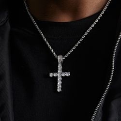 Rhinestone cross necklace men's trendy brand hiphop street titanium steel chain men's copper pendant