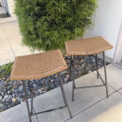 Woven Barstools (2) with Wrought Iron Legs