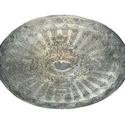 Vintage Silver-plate Round Oval Scroll Etched Trivet Hot Pad Plate Felt Back