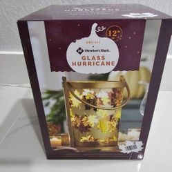 Pre-Lit Glass Hurricane Lamp Autumn Leaves 12 in high NEW