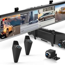 U24 Mirror Dash Cam, 4-Channel, 12” Touchscreen, 1080p, 170° Wide Angle, Stream Media, Auto-Backup Camera for Car, Truck, Taxi, Night Vision, Parking 