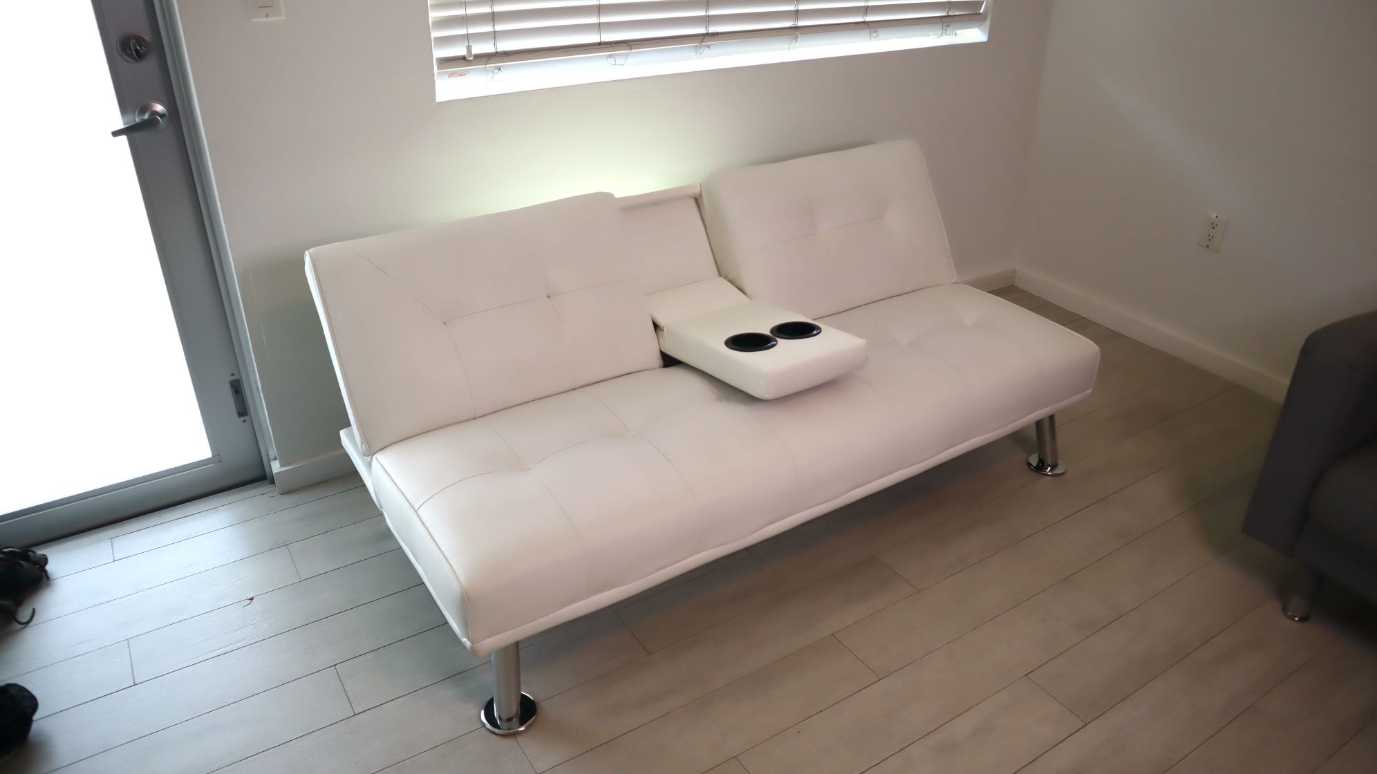 Best Choice Products Modern Linen Convertible Futon Sofa Bed, Metal Legs, Cupholders